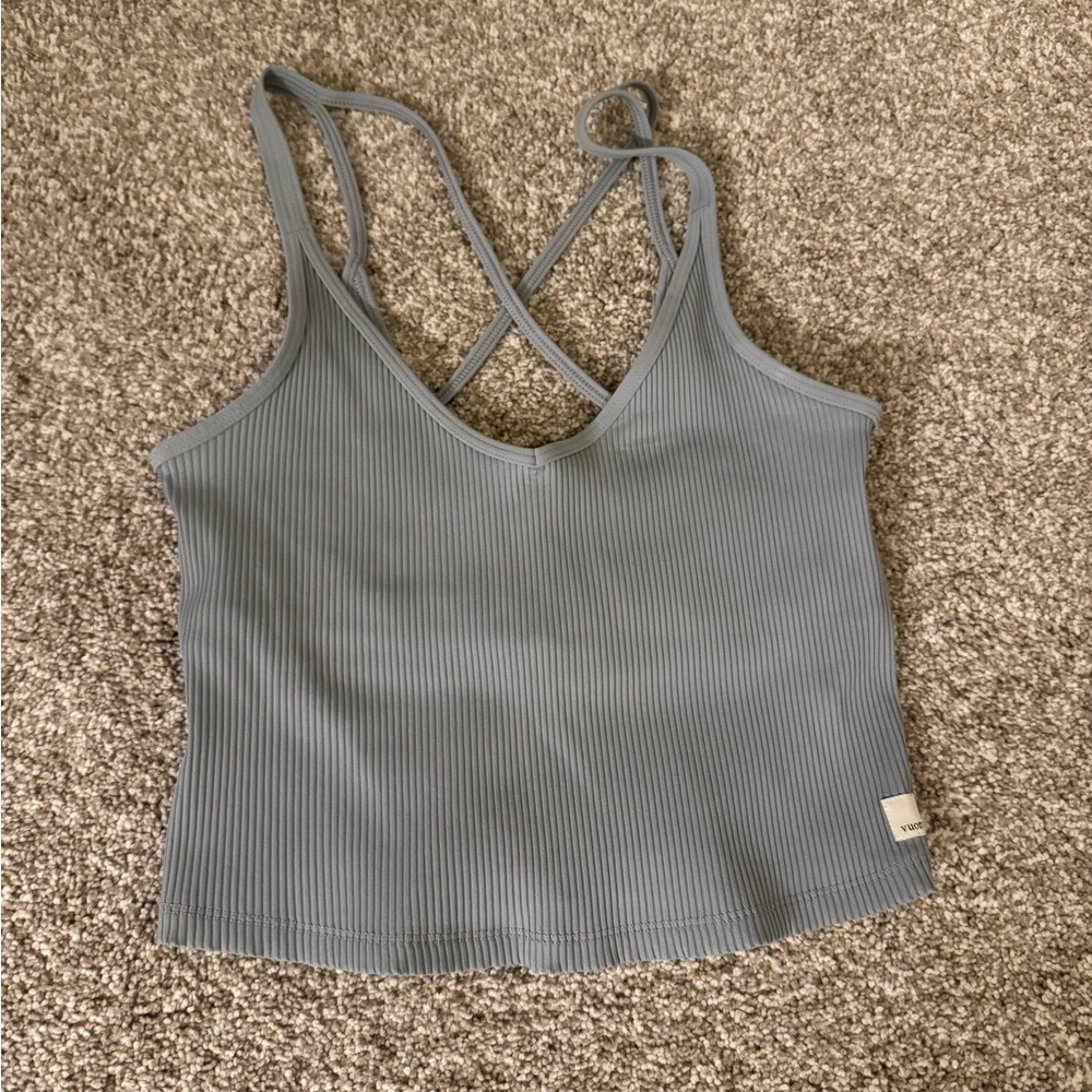 Vuori Gray Ribbed Sleeveless Crop Tank Top